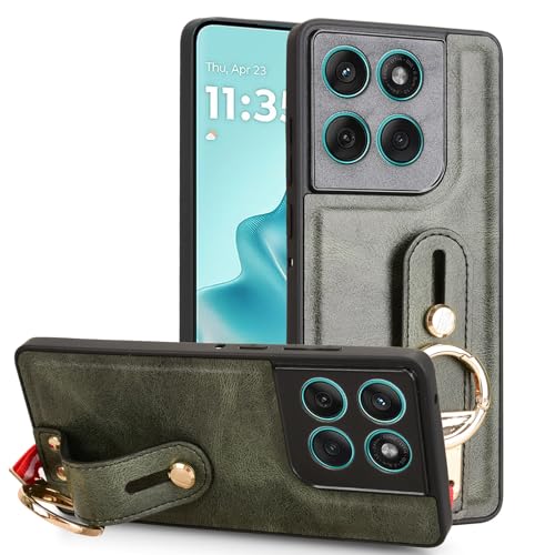 LMFULM® Hülle für Motorola Edge 60 Fusion XT2503 (6,67 Zoll) Lanyard Handgelenkriemen PU Schutzhülle Harte PC Rückseite Case Bumper Cover mit Flaschenöffner und Ständer Grün von LMFULM