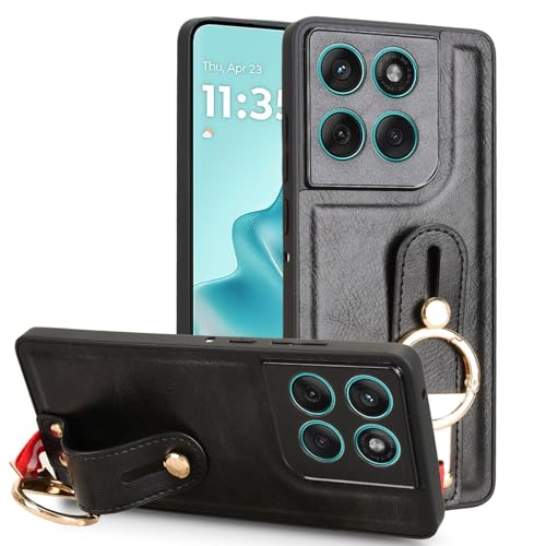 LMFULM® Hülle für Motorola Edge 60 Fusion XT2503 (6,67 Zoll) Lanyard Handgelenkriemen PU Schutzhülle Harte PC Rückseite Case Bumper Cover mit Flaschenöffner und Ständer Schwarz von LMFULM