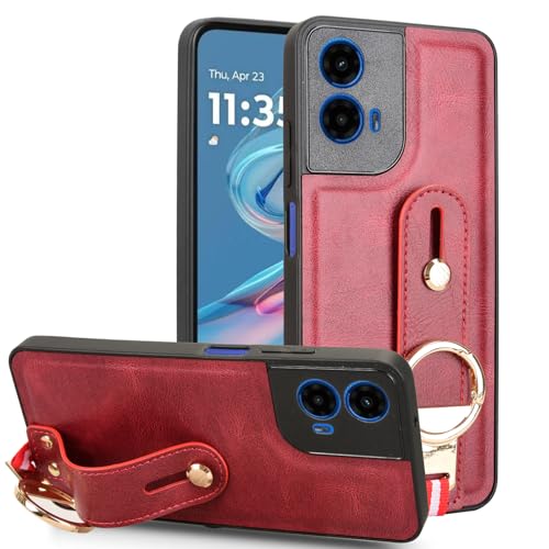 LMFULM® Hülle für Motorola Moto G34 XT2363 (6,5 Zoll) Lanyard Handgelenkriemen PU Schutzhülle Harte PC Rückseite Case Bumper Cover mit Flaschenöffner und Ständer Rot von LMFULM