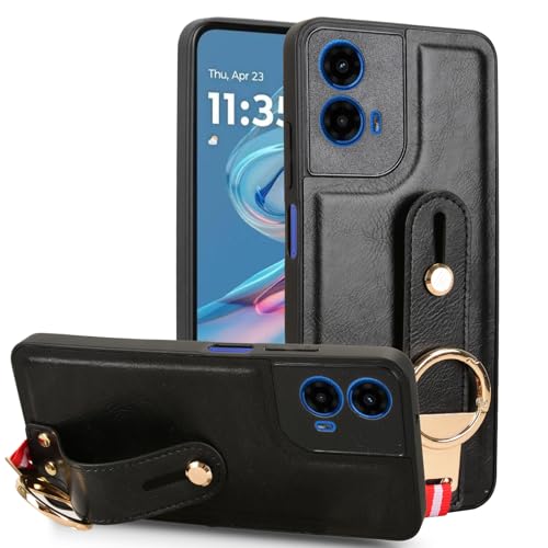 LMFULM® Hülle für Motorola Moto G34 XT2363 (6,5 Zoll) Lanyard Handgelenkriemen PU Schutzhülle Harte PC Rückseite Case Bumper Cover mit Flaschenöffner und Ständer Schwarz von LMFULM