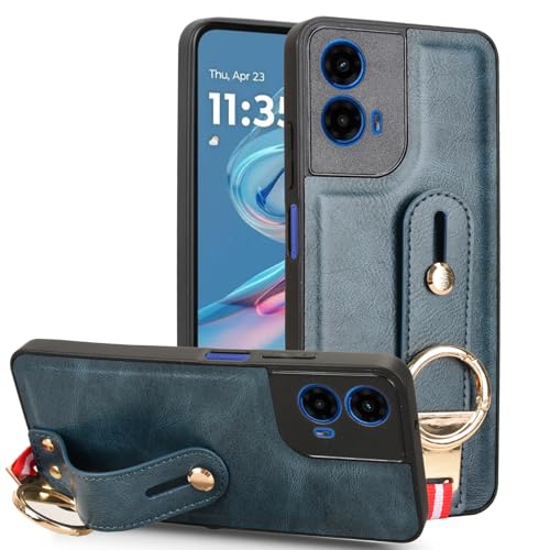 LMFULM® Hülle für Motorola Moto G45 (6,5 Zoll) Lanyard Handgelenkriemen PU Schutzhülle Harte PC Rückseite Case Bumper Cover mit Flaschenöffner und Ständer Blau von LMFULM
