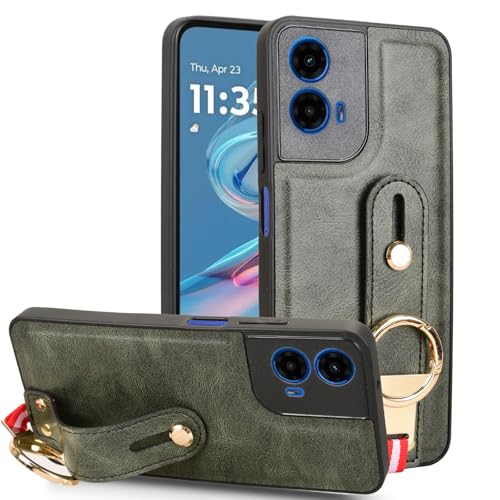 LMFULM® Hülle für Motorola Moto G45 (6,5 Zoll) Lanyard Handgelenkriemen PU Schutzhülle Harte PC Rückseite Case Bumper Cover mit Flaschenöffner und Ständer Grün von LMFULM