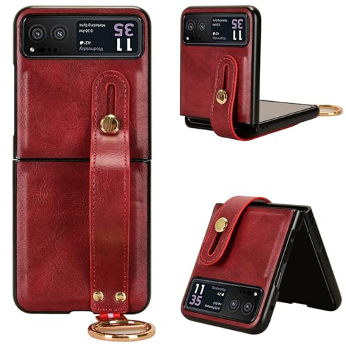 LMFULM® Hülle für Motorola Razr 40 (6,9 Zoll) Lanyard Handgelenkriemen PU Schutzhülle Harte PC Rückseite Case Bumper Cover mit Flaschenöffner und Ständer Rot von LMFULM