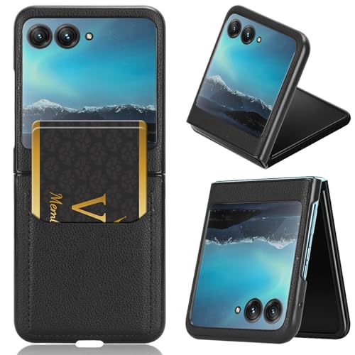 LMFULM® Hülle für Motorola Razr 40 Ultra (6,9 Zoll) Dünn Schlanke PU Schutzhülle Harte PC Rückseite Case Bumper Cover Karte Tasche Litschi Muster Schwarz von LMFULM
