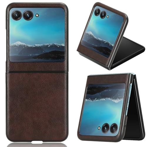 LMFULM® Hülle für Motorola Razr 40 Ultra (6,9 Zoll) Dünn Schlanke PU Schutzhülle Harte PC Rückseite Case Bumper Cover Litschi Muster Braun von LMFULM