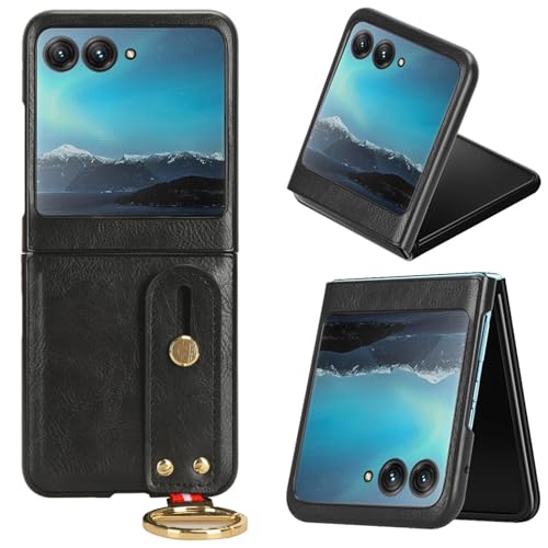 LMFULM® Hülle für Motorola Razr 40 Ultra (6,9 Zoll) Lanyard Handgelenkriemen PU Schutzhülle Harte PC Rückseite Case Bumper Cover mit Flaschenöffner und Ständer Schwarz von LMFULM