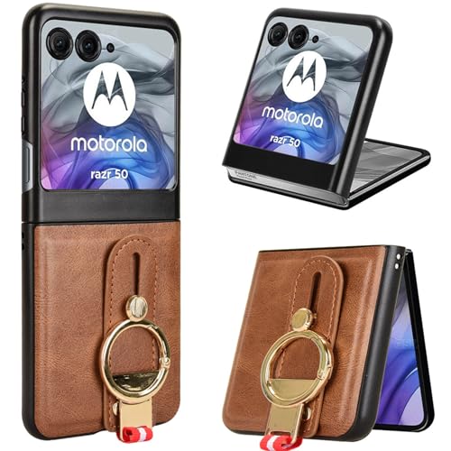 LMFULM® Hülle für Motorola Razr 60 (6,9 Zoll) Lanyard Handgelenkriemen PU Schutzhülle Harte PC Rückseite Case Bumper Cover mit Flaschenöffner und Ständer Braun von LMFULM