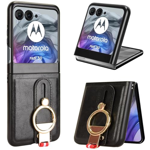 LMFULM® Hülle für Motorola Razr 60 (6,9 Zoll) Lanyard Handgelenkriemen PU Schutzhülle Harte PC Rückseite Case Bumper Cover mit Flaschenöffner und Ständer Schwarz von LMFULM
