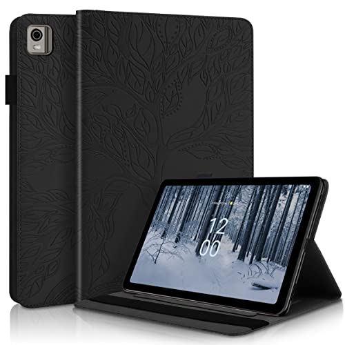 LMFULM® Hülle für Nokia T21 (10,4 Zoll) PU Lederhülle Tasche Case mit Auto Schlaf/Wach Ständer Schutzhülle Flip Cover Prägung Fröhlicher Baum Schwarz von LMFULM