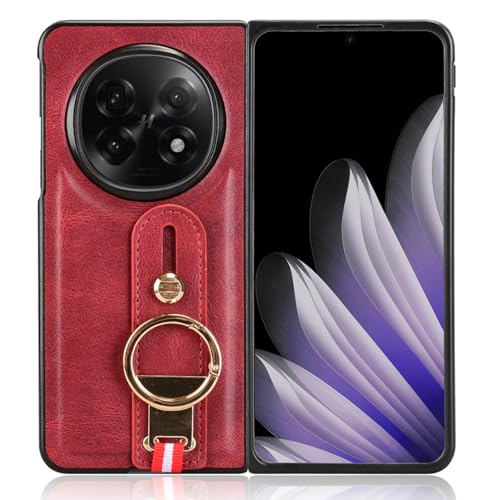 LMFULM® Hülle für Oppo Find N5 (CPH2671, PKH110, PKH120) (8,12 Zoll) Lanyard Handgelenkriemen PU Schutzhülle Harte PC Rückseite Case Bumper Cover mit Flaschenöffner und Ständer Rot von LMFULM