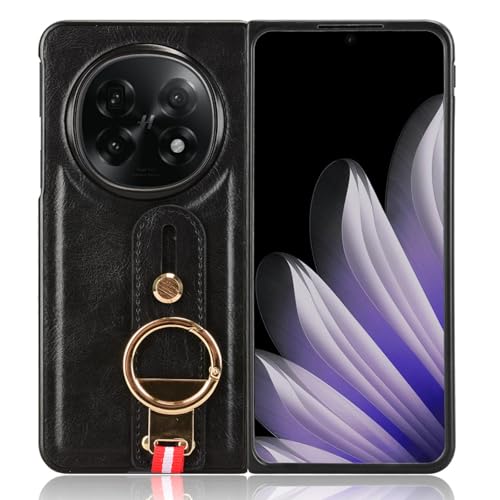 LMFULM® Hülle für Oppo Find N5 (CPH2671, PKH110, PKH120) (8,12 Zoll) Lanyard Handgelenkriemen PU Schutzhülle Harte PC Rückseite Case Bumper Cover mit Flaschenöffner und Ständer Schwarz von LMFULM
