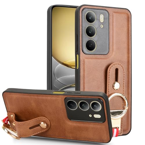 LMFULM® Hülle für Realme C75 4G RMX3941 (6,72 Zoll) Lanyard Handgelenkriemen PU Schutzhülle Harte PC Rückseite Case Bumper Cover mit Flaschenöffner und Ständer Braun von LMFULM