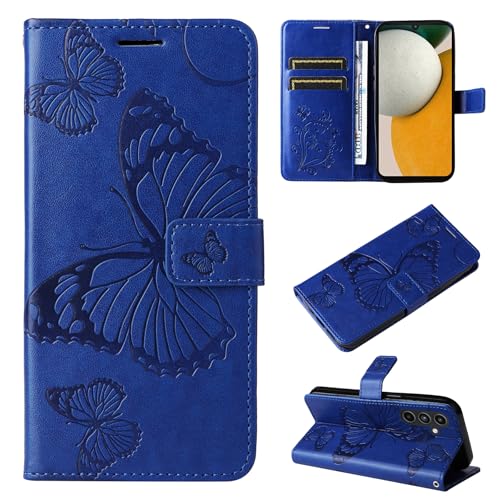 LMFULM® Hülle für Samsung Galaxy A15 / SM-A155 (6,4 Zoll) PU Leder Magnet Brieftasche Lederhülle Schmetterling Geprägtes Design Stent-Funktion Tasche Flip Cover Blau von LMFULM