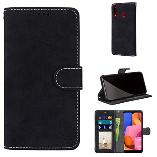 LMFULM® Hülle für Samsung Galaxy A20s / A207 (6,5 Zoll) PU Leder Magnet Brieftasche Lederhülle Handyhülle Stent-Funktion Ledertasche Flip Cover Retro Gefrostet Schwarz von LMFULM
