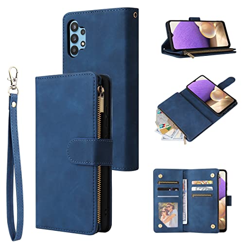 LMFULM® Hülle für Samsung Galaxy A32 4G/ SM-A325 (6,4 Zoll) PU Leder Magnet Brieftasche Lederhülle Handytasche Standfunktion Tasche Schutzhülle Flip Cover Retro Reißverschluss Blau von LMFULM
