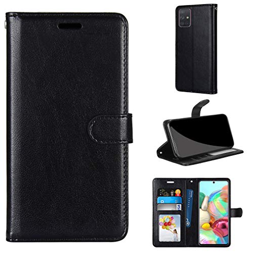 LMFULM® Hülle für Samsung Galaxy A71 / A715 (6,7 Zoll) PU Leder Magnet Brieftasche Lederhülle Handyhülle Stent-Funktion Ledertasche Flip Cover Einfaches Schwarz von LMFULM