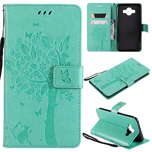 LMFULM® Hülle für Samsung Galaxy J7 Duo 2018 / SM-J720F (5,5 Zoll) PU Lederhülle Magnet Brieftasche Schutzhülle Baum und Katze Prägung Design Standfunktion Tasche Handyhülle Grün von LMFULM