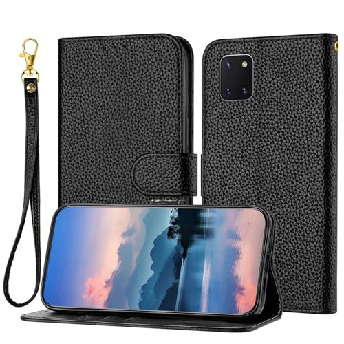 LMFULM® Hülle für Samsung Galaxy Note10 Lite/SM-N770 (6,7 Zoll) PU Leder Magnet Brieftasche Lederhülle Litschi Drucken Flip Cover Ledertasche Stent-Funktion Case Schwarz von LMFULM