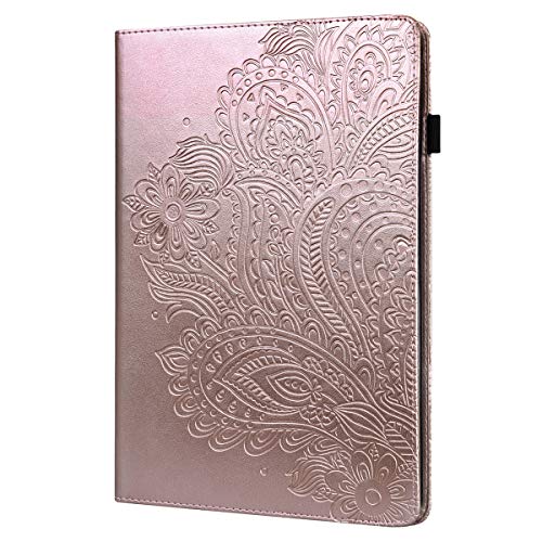 LMFULM® Hülle für Samsung Galaxy Tab S2 SM-T810 / T815 / T813 (9,7 Zoll) PU Lederhülle Smart Case mit Ständer Schutzhülle Flip Cover Präge Pfauenblumen Roségold von LMFULM