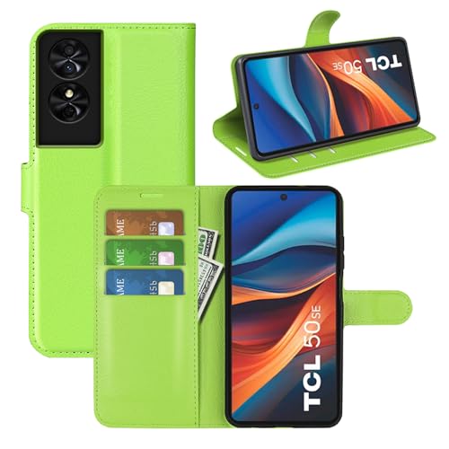 LMFULM® Hülle für TCL 50 SE (6,78 Zoll) PU Leder Magnet Brieftasche Lederhülle Handytasche Litschi Muster Standfunktion Ledertasche Flip Cover Grün von LMFULM