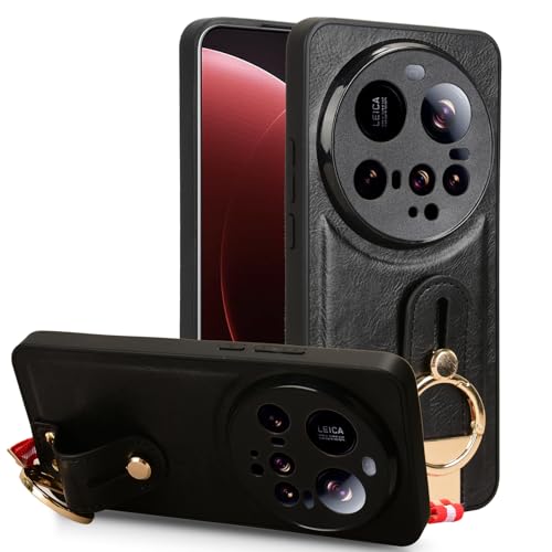 LMFULM® Hülle für Xiaomi 15 Ultra (25010PN30G) (6,73 Zoll) Lanyard Handgelenkriemen PU Schutzhülle Harte PC Rückseite Case Bumper Cover mit Flaschenöffner und Ständer Schwarz von LMFULM