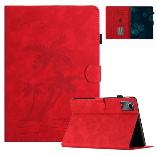 LMFULM® Hülle für Xiaomi Pad 6/6 Pro (11 Zoll) PU Lederhülle Tasche Case mit Auto Schlaf/Wach Ständer Schutzhülle Flip Cover Prägung Kokospalme Rot von LMFULM