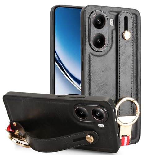LMFULM® Hülle für Xiaomi Redmi Turbo 4 (24129RT7CC) (6,67 Zoll) Lanyard Handgelenkriemen PU Schutzhülle Harte PC Rückseite Case Bumper Cover mit Flaschenöffner und Ständer Schwarz von LMFULM