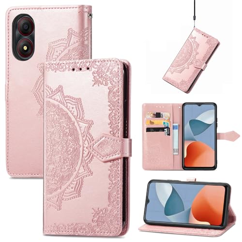 LMFULM® Hülle für ZTE Blade A34 (6,6 Zoll) PU Leder Magnet Brieftasche Lederhülle Mandala Prägung Design Stent-Funktion Ledertasche Flip Cover Rosegold von LMFULM