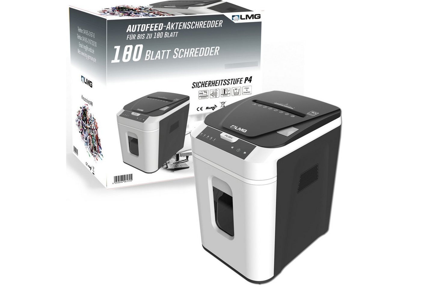 LMG Germany Aktenvernichter Autofeed Profi Shredder, 180 Blatt gleichzeitig, als P4 oder P5, Partikelschnitt Cross Cut, 32L Partikelschnitt weiß, sehr leise LMG Germany Aktenvernichter Autofeed Profi Shredder, 180 Blatt gleichzeitig, als P4 oder P5, Partikelschnitt Cross Cut, 32L Partikelschnitt weiß, sehr leise von LMG Germany