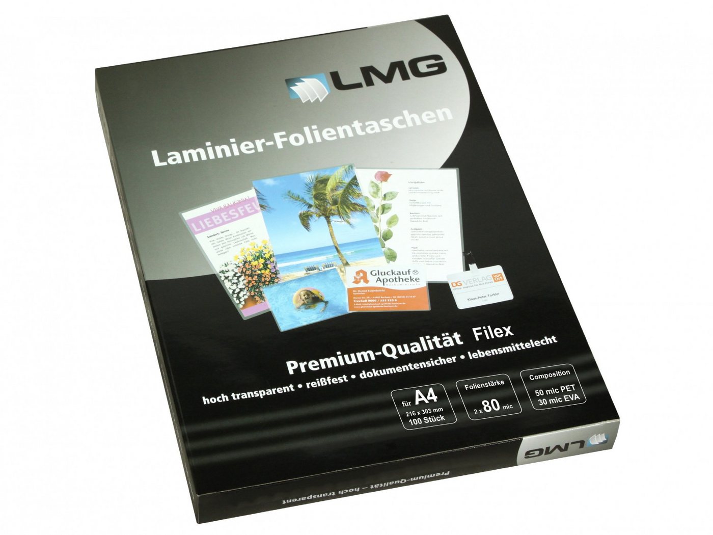 LMG Germany Schutzfolie LMG Laminierfolien A4 (228 x 303 mm), 2 x 80 mic, glänzend, zum Abheftung mit 4er Fachlochung von LMG Germany