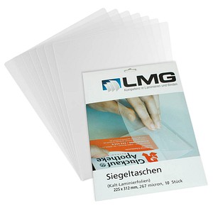 10 LMG Kaltlaminierfolien glänzend für A4 Vorderseite: 67 micron / Rückseite: 200 micron selbstklebender Rücken von LMG