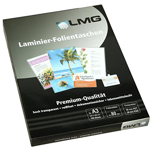 LMG LMGA3-80 Laminierfolien A3, 303 x 426 mm, 2 x 80 mic, 100 Stück von LMG