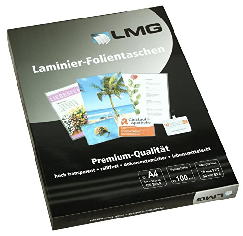 LMG LMGA4-100 Laminierfolien A4, 216 x 303 mm, 2 x 100 mic, 100 Stück von LMG