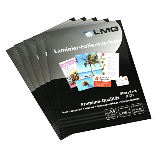 LMG LMGA4-125SM-25 Laminierfolien A4, 216 x 303 mm, 2 x 125 mic mit selbstkl Rückseite, 25 Stück von LMG