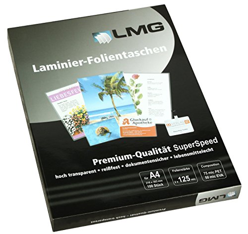 LMG LMGA4-125SS Laminierfolien A4, 216 x 303 mm, 2 x 125 mic, Highspeed, 100 Stück von LMG