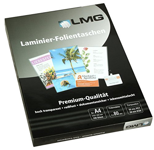 LMG LMGA4-80 Laminierfolien A4, 216 x 303 mm, 2 x 80 mic, 100 Stück von LMG