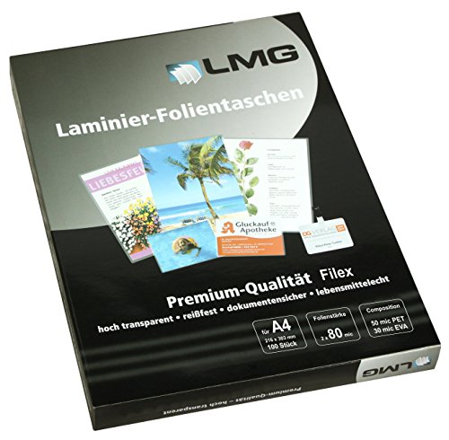 LMG LMGA4-80L Laminierfolien A4, 228 x 303 mm, 2 x 80 mic zum Abheftung mit 4er Fachlochung, 100 Stück von LMG