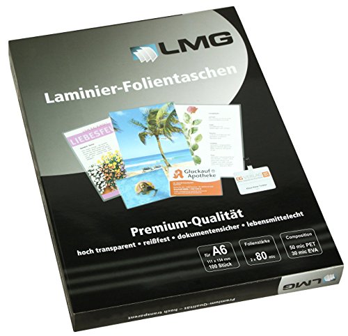 LMG LMGA6-80 Laminierfolien A6, 111 x 154 mm, 2 x 80 mic, 100 Stück von LMG