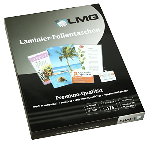 LMG LMGBA-175 Laminierfolien Badge, 67 x 99 mm, 2 x 175 mic, 100 Stück von LMG
