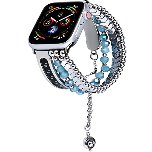 Metallkette Perlen Apple Watch Band Armband kompatibel mit iWatch Ultra Series SE 8 7 6 5 4 3 Thermometer Uhrenarmband mit Anhänger Charm (42 mm/44 mm/45 mm, Silber) von LMINGSKY