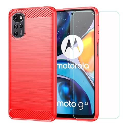 LMLQSZ Hülle für Motorola Moto E32S + HD Displayschutz, Handyhülle Kohlefaser Schutzhülle Cover TPU Case Handytasche - Gehärtetes Folie Schutzfolie für Motorola Moto E32S (6,5") - Rot von LMLQSZ