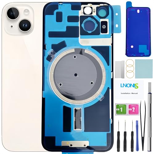 LNONLS 14 Ersatzglas für iPhone 14, Rückabdeckung, Glas mit wasserdichtem Rahmen und Kameraobjektiv, professionelles Reparaturwerkzeug-Set (Sternenlicht/Weiß) von LNONLS