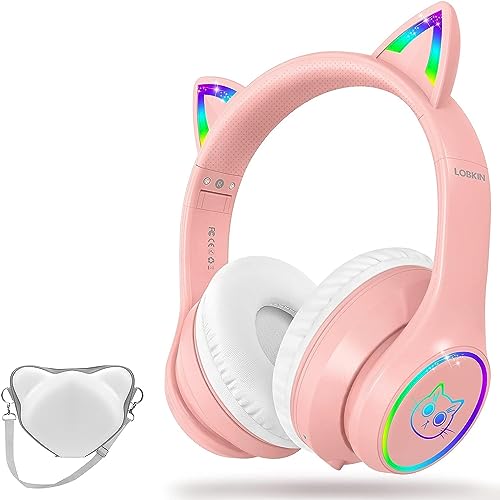 LOBKIN Bluetooth 5.3 Kinder Kopfhörer mit Tasche - RGB LED-licht Katzenohren Faltbare Stereo Headset Unterstützung Kabellos und 3.5mm Kabel - Kinderkopfhörer auf Ohr für Mädchen Jungs Kleinkind von LOBKIN