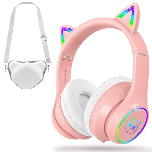 LOBKIN Bluetooth 5.3 Kinder Kopfhörer mit Tasche - RGB LED-licht Katzenohren Faltbare Stereo Headset Unterstützung Kabellos und 3.5mm Kabel - Kinderkopfhörer auf Ohr für Mädchen Jungs Kleinkind von LOBKIN