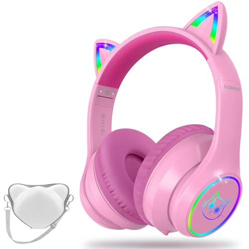 LOBKIN Bluetooth 5.3 Kinder Kopfhörer mit Tasche - RGB LED-licht Katzenohren Faltbare Stereo Headset Unterstützung Kabellos und 3.5mm Kabel - Kinderkopfhörer auf Ohr für Mädchen Jungs Kleinkind von LOBKIN