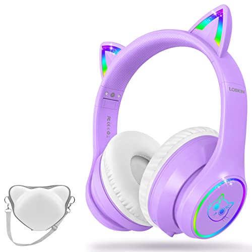 LOBKIN Bluetooth 5.3 Kinder Kopfhörer mit Tasche - RGB LED-licht Katzenohren Faltbare Stereo Headset Unterstützung Kabellos und 3.5mm Kabel - Kinderkopfhörer auf Ohr für Mädchen Jungs Kleinkind von LOBKIN