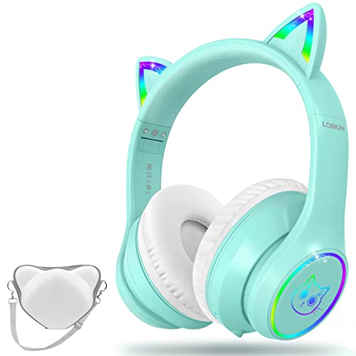 LOBKIN Bluetooth 5.3 Kinder Kopfhörer mit Tasche - RGB LED-licht Katzenohren Faltbare Stereo Headset Unterstützung Kabellos und 3.5mm Kabel - Kinderkopfhörer auf Ohr für Mädchen Jungs Kleinkind von LOBKIN