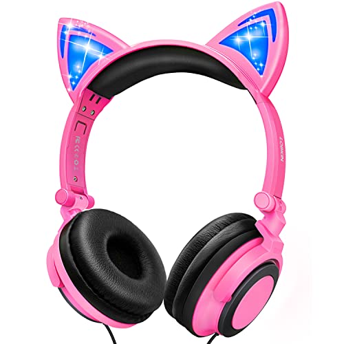 LOBKIN Cat Ear Kopfhörer, Faltbarer Draht übers Ohr tragbare Kinderkopfhörer mit leuchtendem Licht für Mädchen Kinder Cosplay Fans, kompatibel für iPhone, Android Handy von LOBKIN