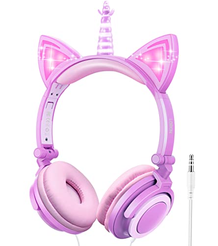 LOBKIN Einhorn Kopfhörer Kinder, Faltbares Kinder Kopfhörer mit LED Leuchtende Katzenohren, 3,5mm Audio Anschluss, Kabel Leicht-Kopfhörer für Kinder von LOBKIN
