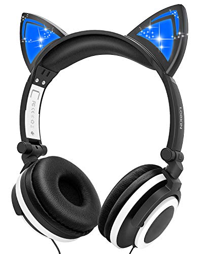 LOBKIN Kinder Kopfhörer mit Kabel,Kopfhörer Katzenohren mit LED,85dB Lautstärkebegrenzung,Faltbar Kopfhörer für Mädchen Jungen von LOBKIN